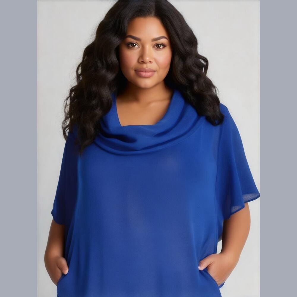CHICO'S Blue Semi Sheer Cowl Neck Short Dolman Sleeve Oversized Sweater S